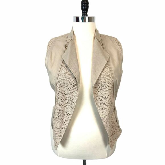 Chico's Vest Romantic Cottage Crochet Lace Open Front Sz 10 12 Tan Cream NWT - Picture 2 of 16